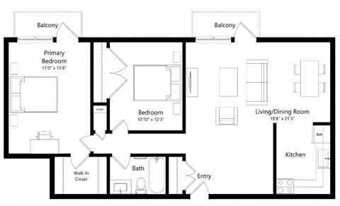 Floor plan for 2 beds, 1 bath, 884 sqft